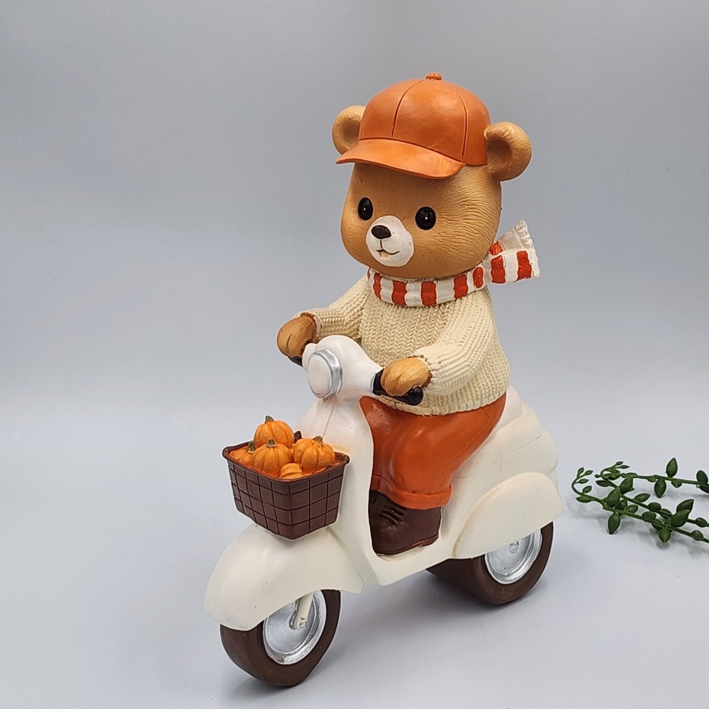 Fall Thanksgiving Bear Riding Scooter Figurine Tabletop Decor Pumpkins 9.5" NEW